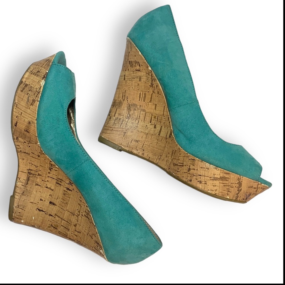 Wedge Heels Womens US Size 9 Teal Blue Slip On Shoes Cork Heel Charlotte Russe